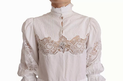 White Cotton Lace Trim Turtle Neck Blouse Top