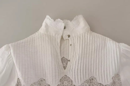 White Cotton Lace Trim Turtle Neck Blouse Top