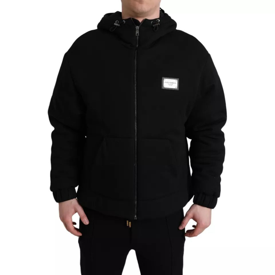 Black Cotton Hooded Logo Bomber Men Jacket