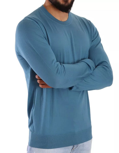 Blue Cashmere Crewneck Pullover Logo Sweater