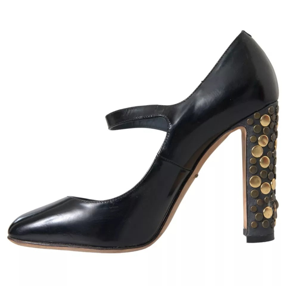 Black Leather Crystal Mary Janes Pumps Shoes