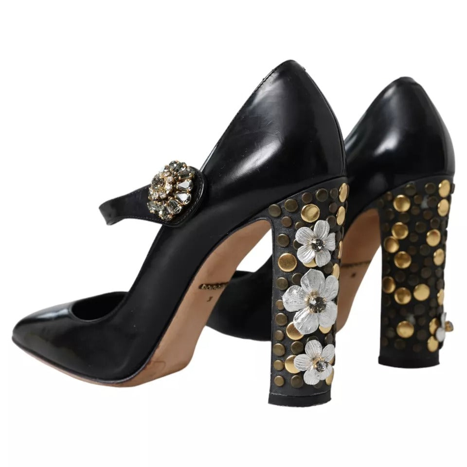 Black Leather Crystal Mary Janes Pumps Shoes