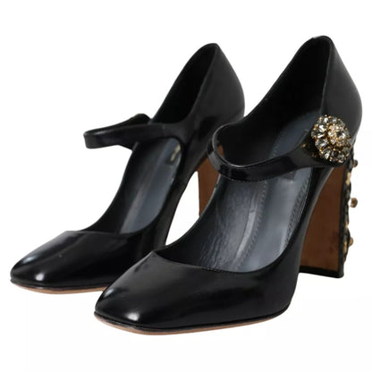 Black Leather Crystal Mary Janes Pumps Shoes