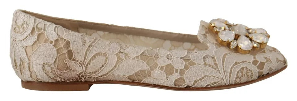 Beige Lace Crystal Ballet Flats Loafers Shoes