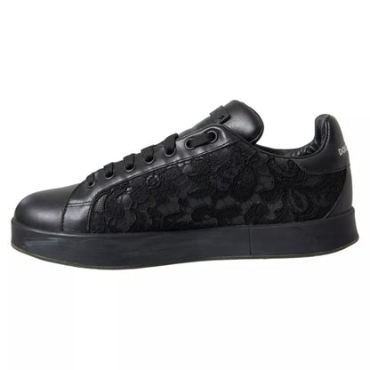 Black Floral Lace Leather Women Sneakers Shoes