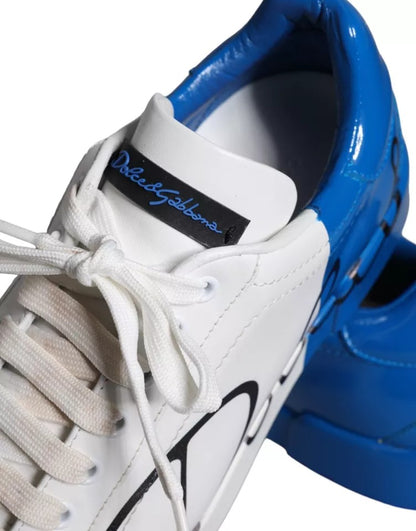 White Blue Leather Logo Low Top Sneakers Men Shoes