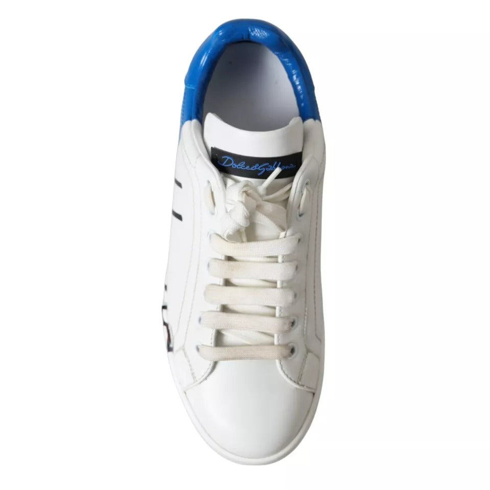 White Blue Leather Logo Low Top Sneakers Men Shoes