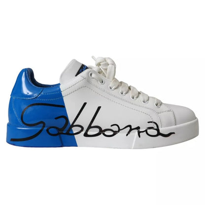 White Blue Leather Logo Low Top Sneakers Men Shoes