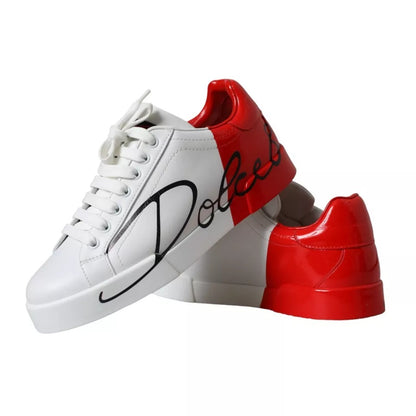 White Red Leather Logo Low Top Sneakers Shoes