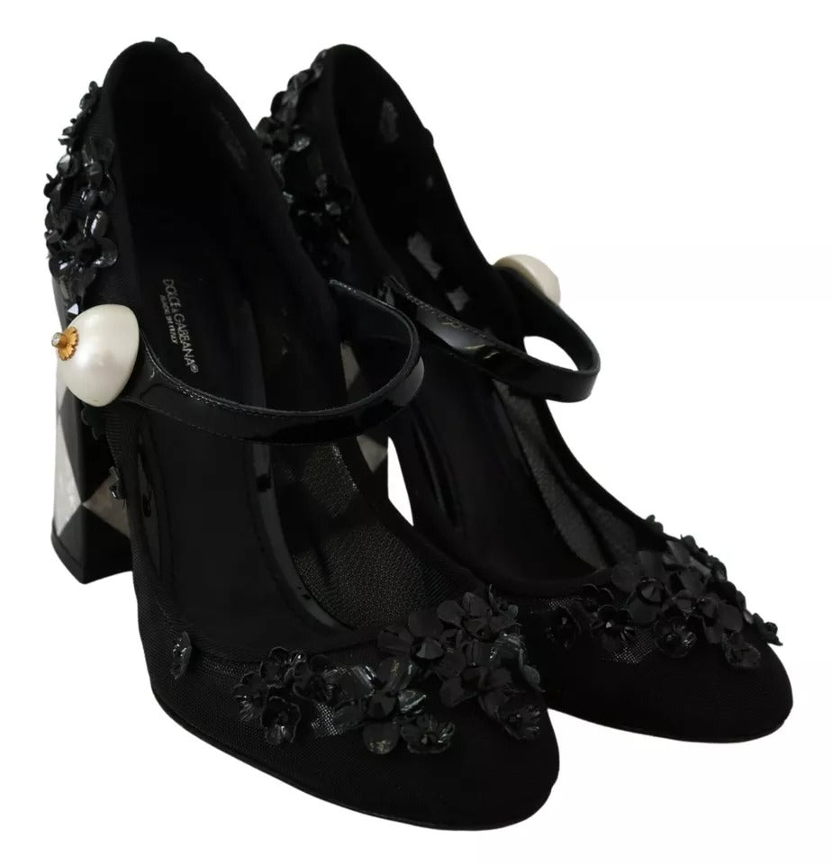 Black Floral Embellish Heels Mary Janes Pumps Shoes