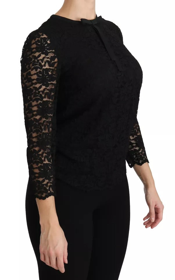 Black Lace Long Sleeve Blouse Nylon Top