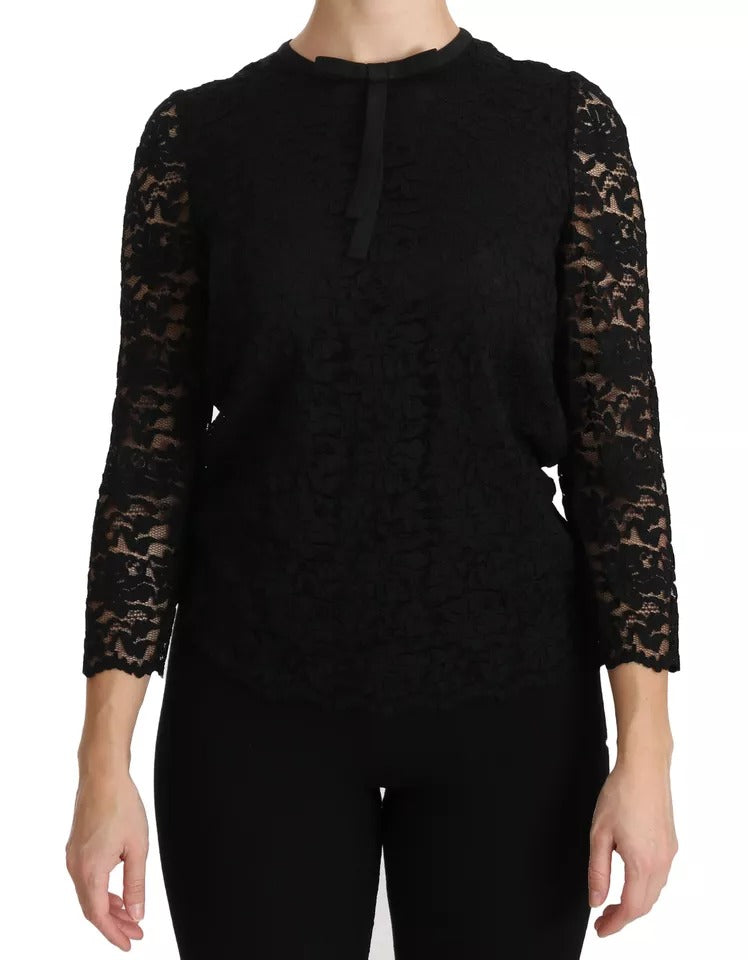 Black Lace Long Sleeve Blouse Nylon Top