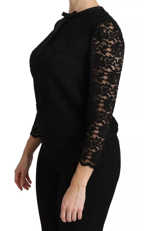 Black Lace Long Sleeve Blouse Nylon Top