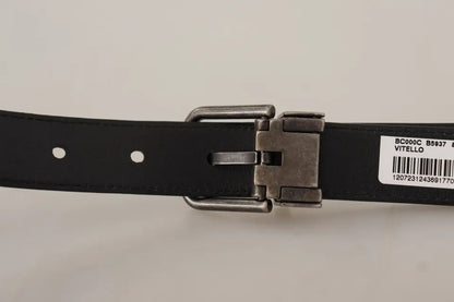 Black Calf Leather Vintage Logo Metal Buckle Belt