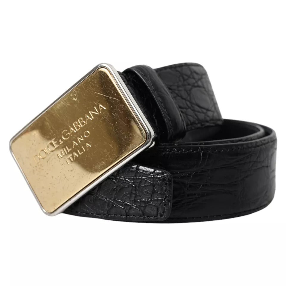 Black Exotic Leather Gold Metal Buckle Belt