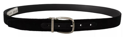 Black Velvet Silver Tone Metal Logo Buckle Belt