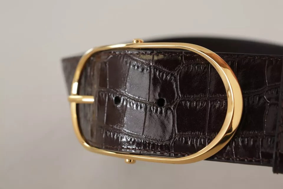 Brown Crocodile Pattern Leather Gold Oval Buckle Belt