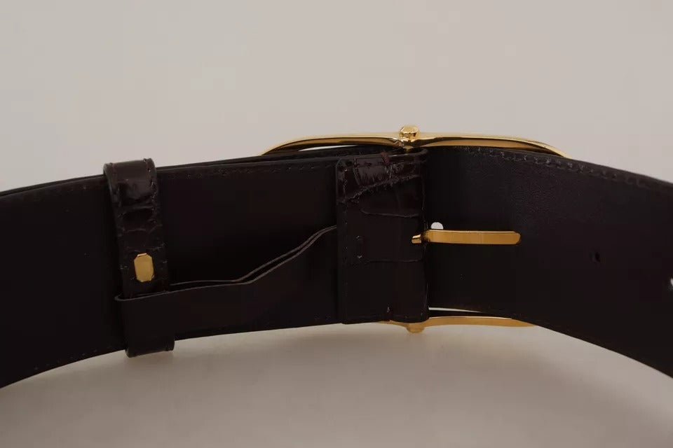 Brown Crocodile Pattern Leather Gold Oval Buckle Belt