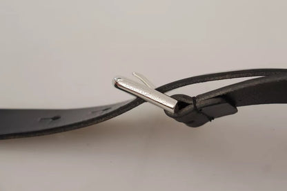 Black Leather Silver Tone Metal Buckle Classic Belt