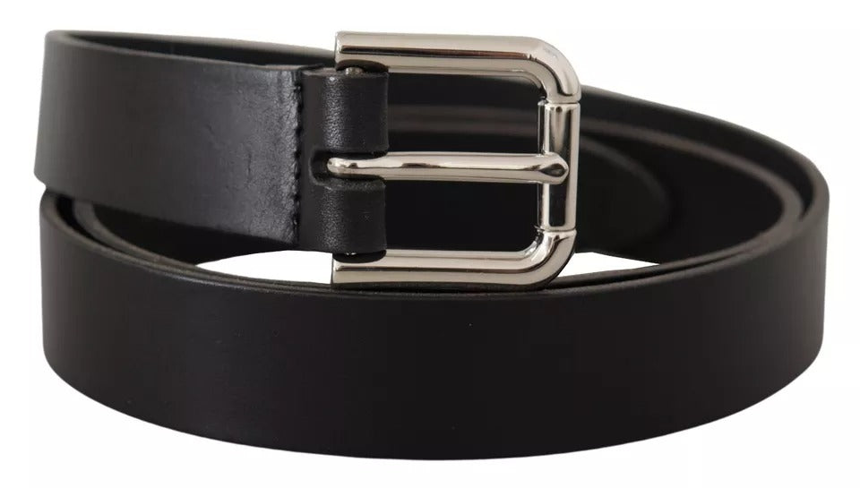 Black Leather Silver Tone Metal Buckle Classic Belt