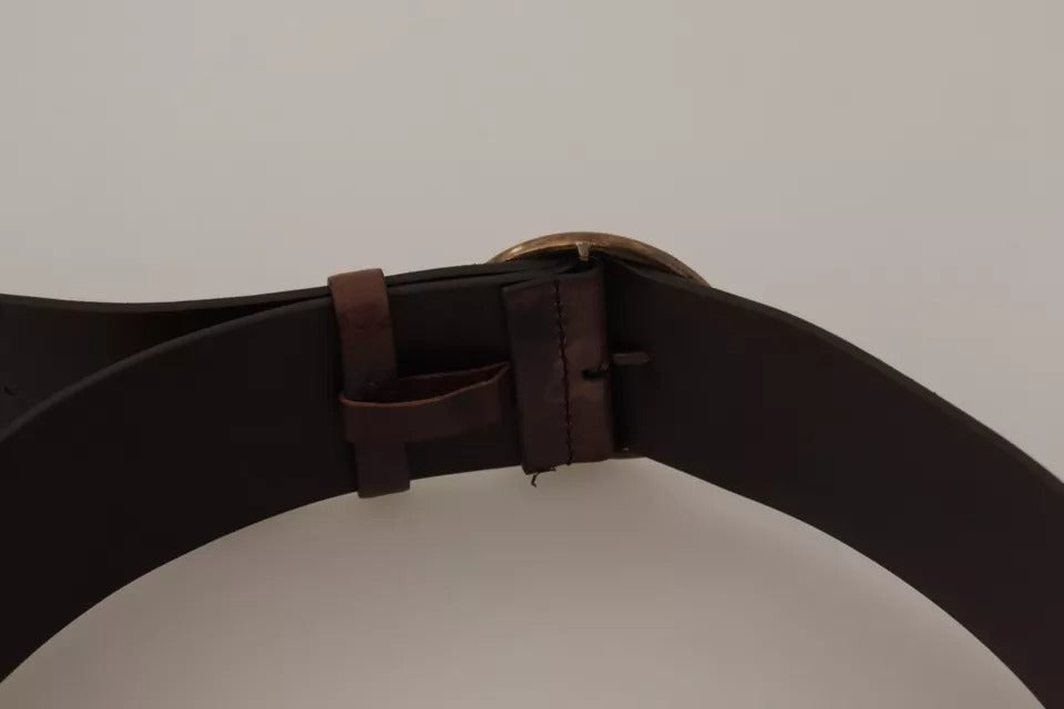 Dark Brown Wide Calf Leather Logo Round Buckle Belt