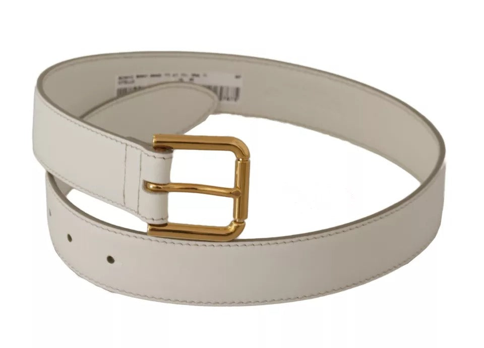 White Leather Gold Logo Engraved Metal Buckle Belt