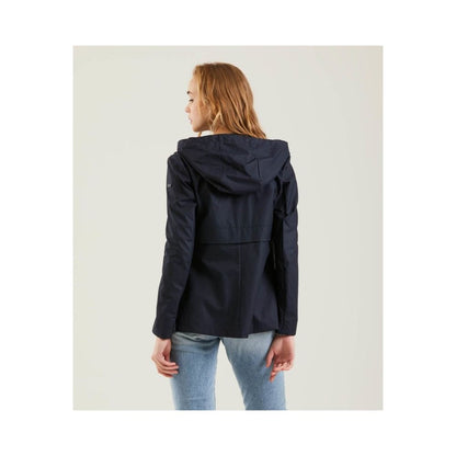 Chic Blue Polyester Jacket with Zip and Button Detail