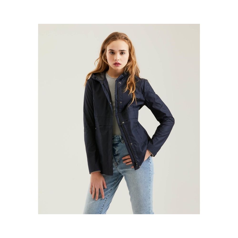 Chic Blue Polyester Jacket with Zip and Button Detail