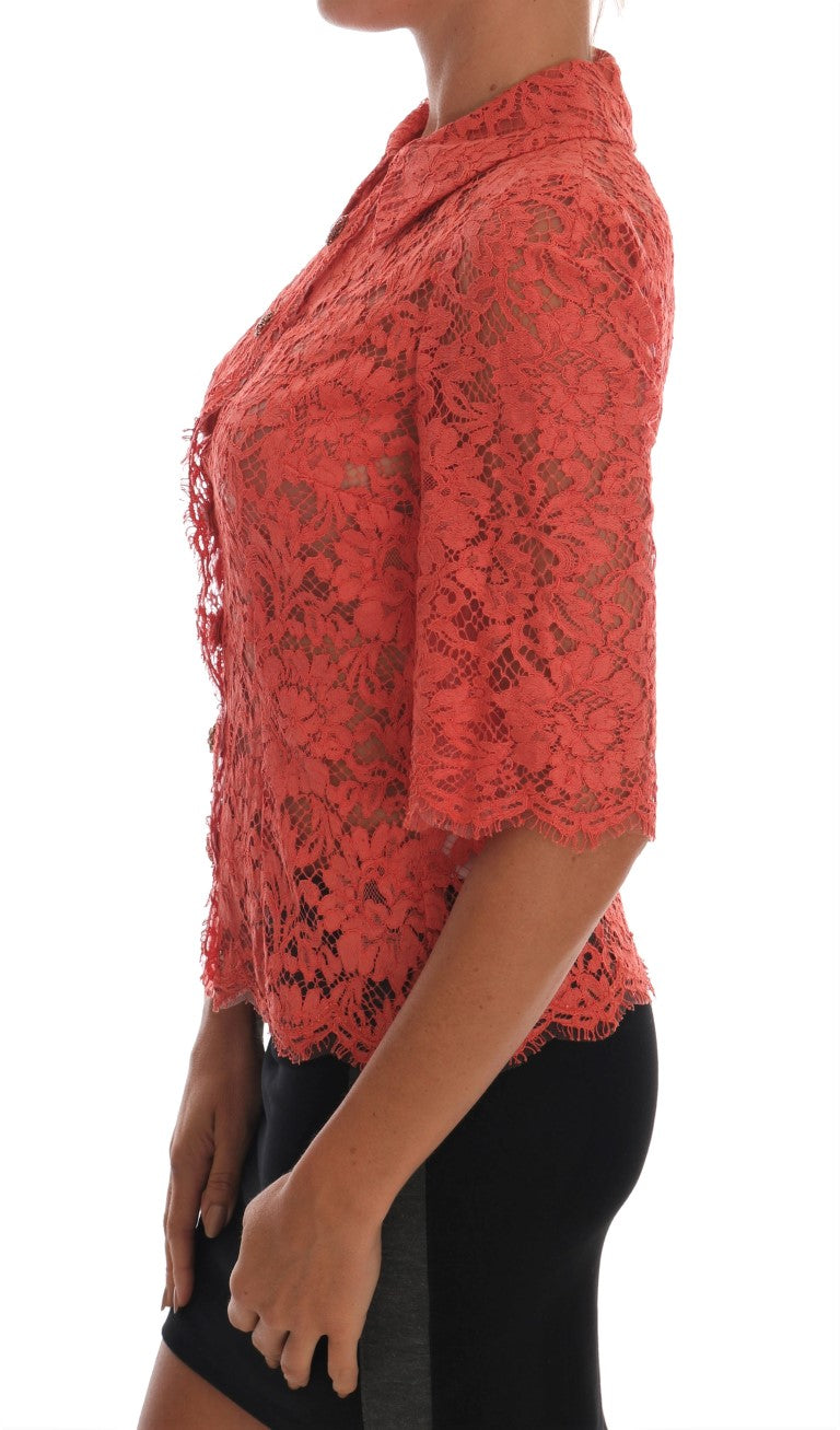 Elegant Orange Floral Lace Crystal Cardigan Blouse