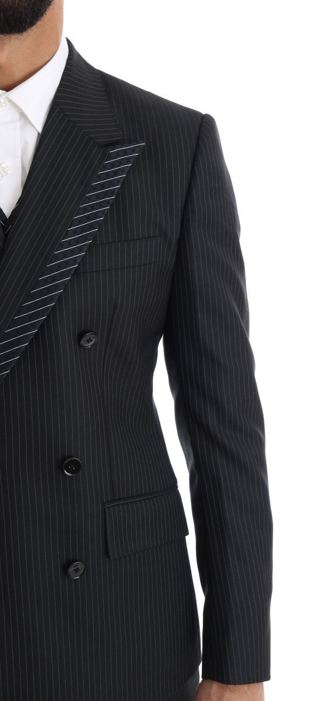 Elegant Gray Striped Wool Silk Men's 3-Piece Suit