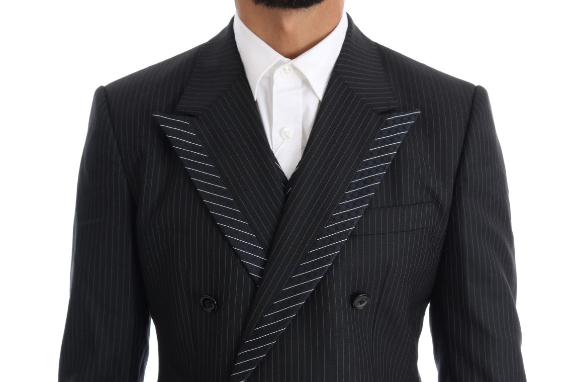 Elegant Gray Striped Wool Silk Men's 3-Piece Suit