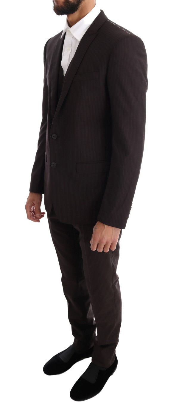 Elegant Brown Striped Three-Piece Wool Suit