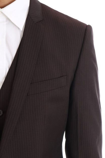 Elegant Brown Striped Three-Piece Wool Suit