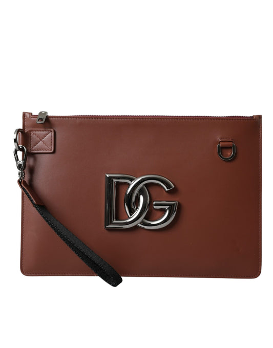 Brown Calfskin Leather DG Logo Pouch Wrist Strap Bag