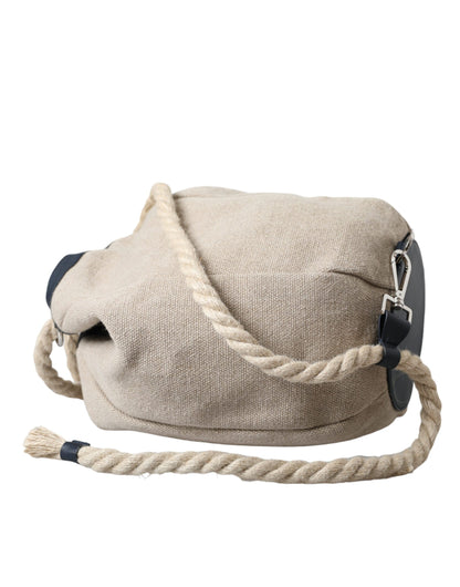 Beige Canvas Fabric Bucket Sack Pouch Purse Bag