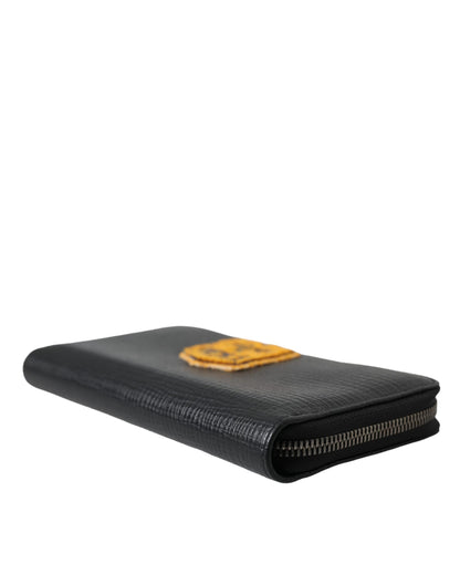 Black Leather Logo Patch Zip Around Continental Wallet