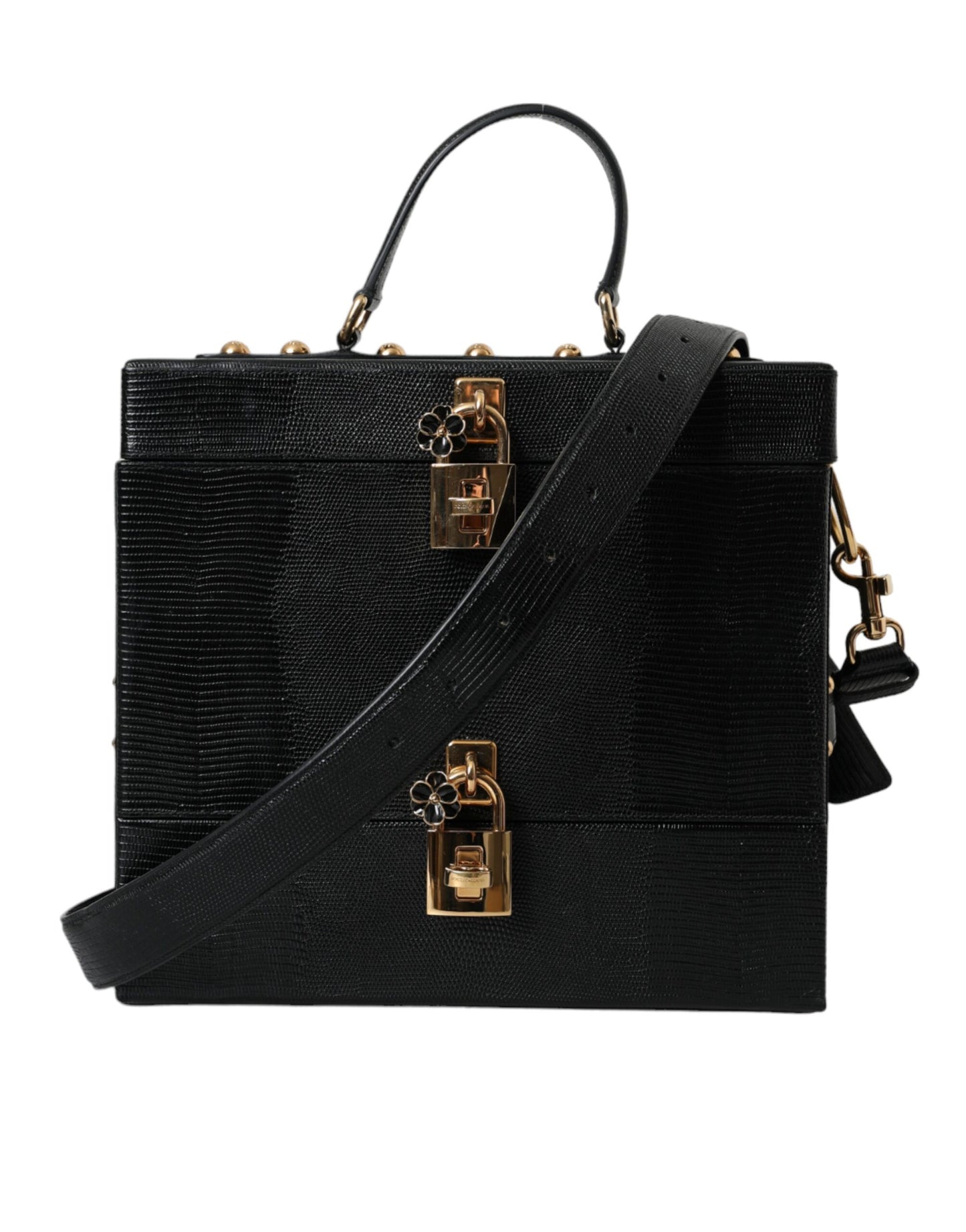 Black Lizard Embossed Calfskin Leather Double Box Bag