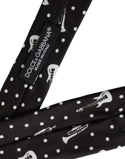 Black Guitar Print Silk Adjustable Tie