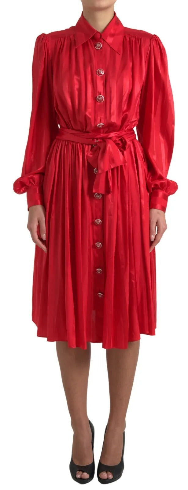 Elegant Red Silk Midi Dress with Button Detail