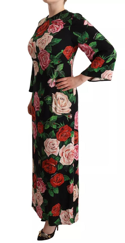 Black Floral Print Silk Long Maxi Gown Dress