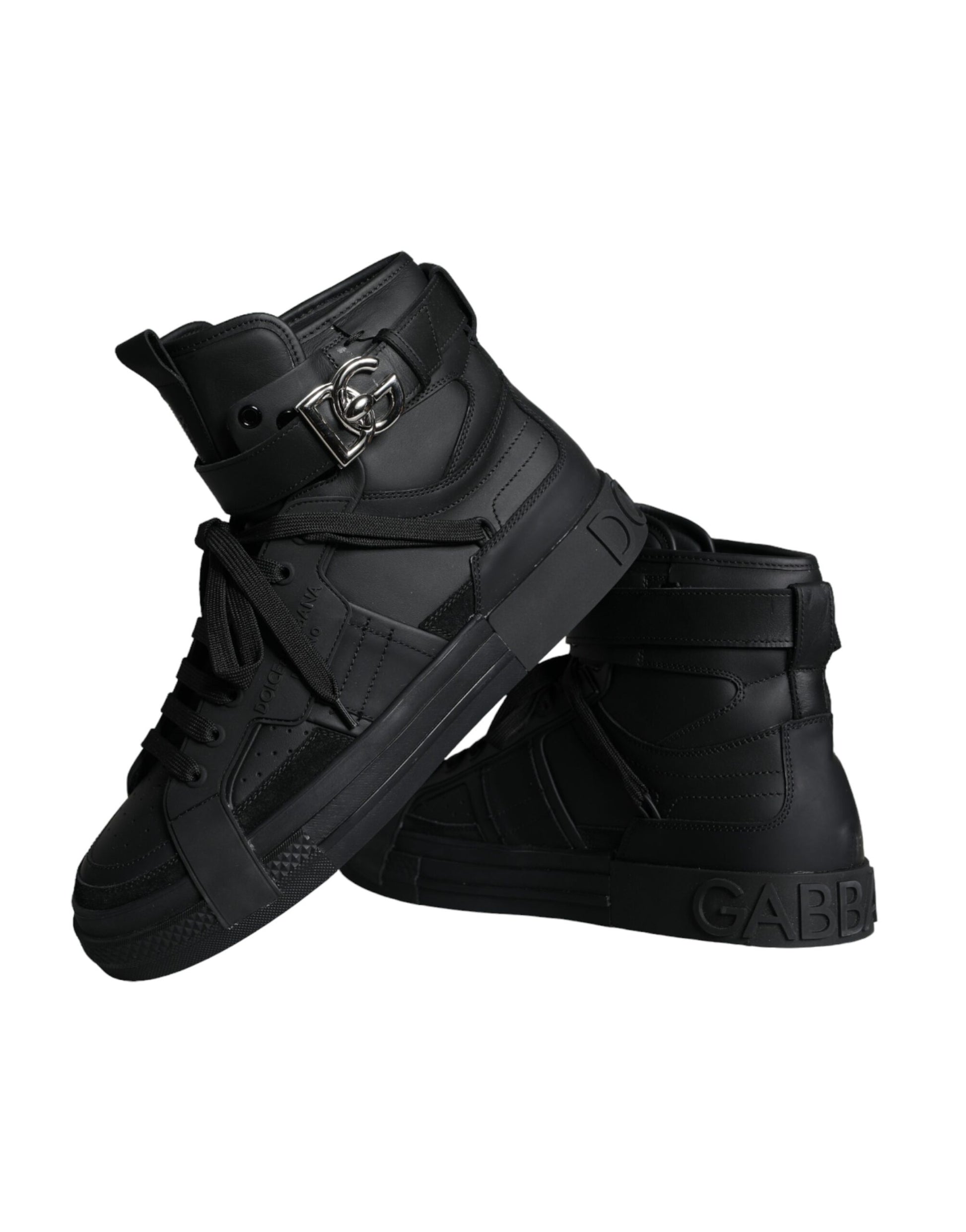 Black Leather High Top Logo Sneakers Shoes