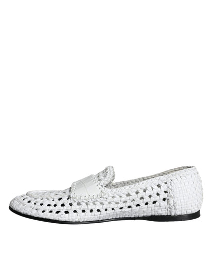 White Woven Leather Slip On Loafers Men Shoes