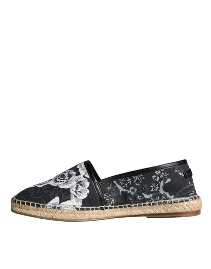 Black Floral Cotton Leather Espadrilles Shoes