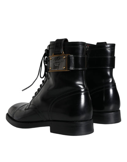 Black Logo Lace Up Mid Calf Men Boots Shoes