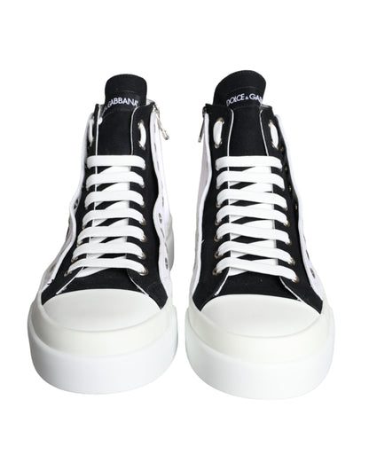 White Black Cotton Logo High Top Sneaker Shoes