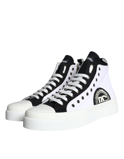 White Black Cotton Logo High Top Sneaker Shoes