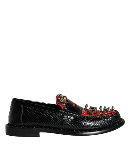 Black Leopard Print Studs Leather Loafers Shoes