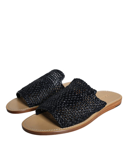 Black Monochrome Braided Raffia Slides Shoes