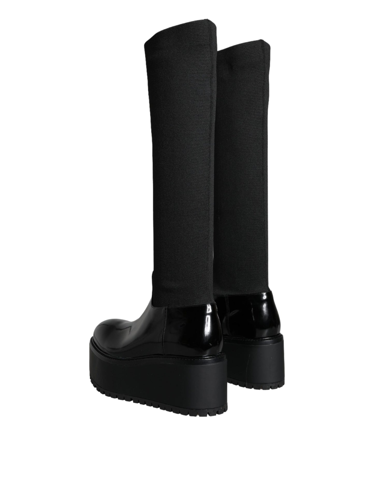 Black Leather Jersey Knee High Boots Shoes