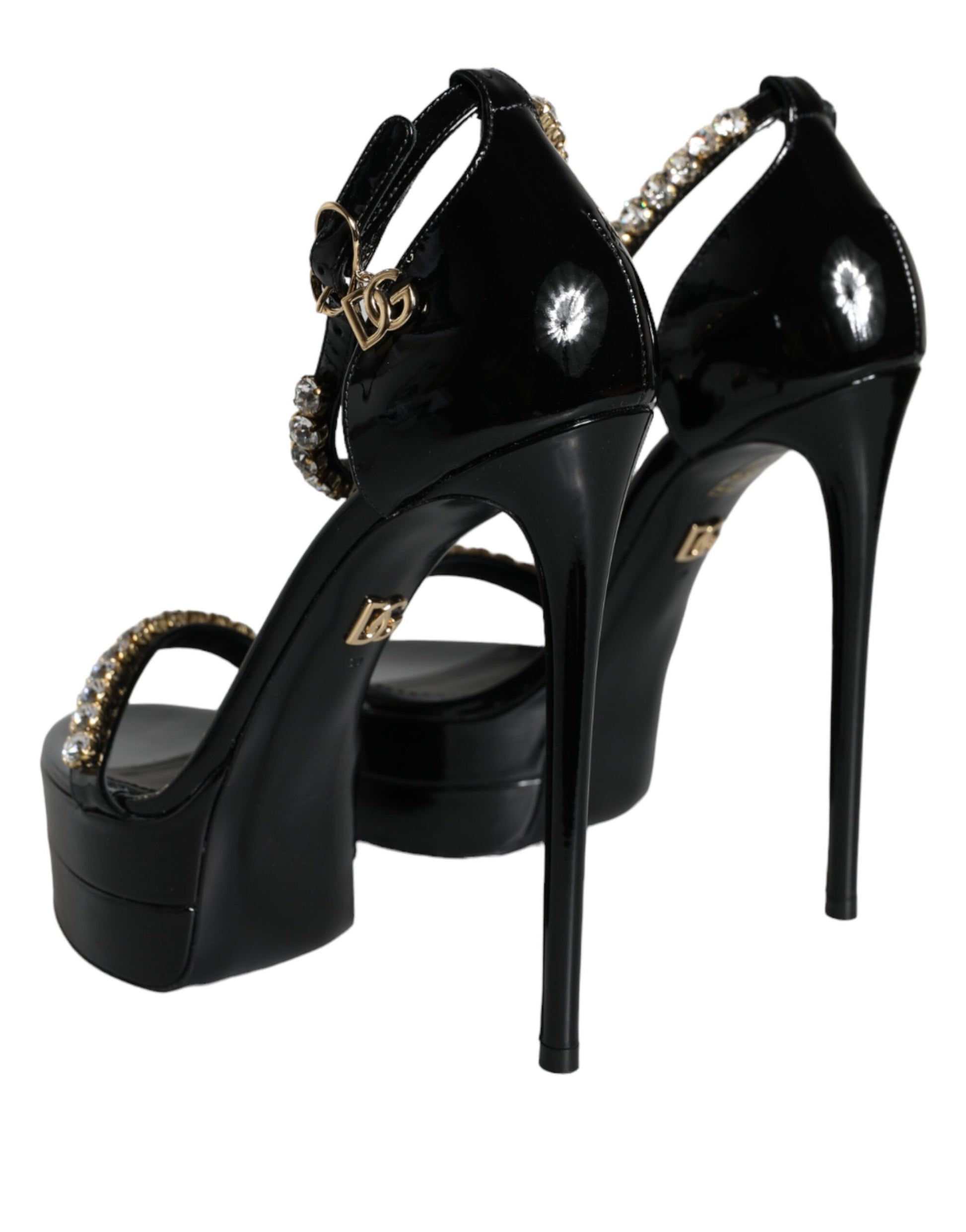 Black Keira Leather Crystals Sandals Heels Shoes